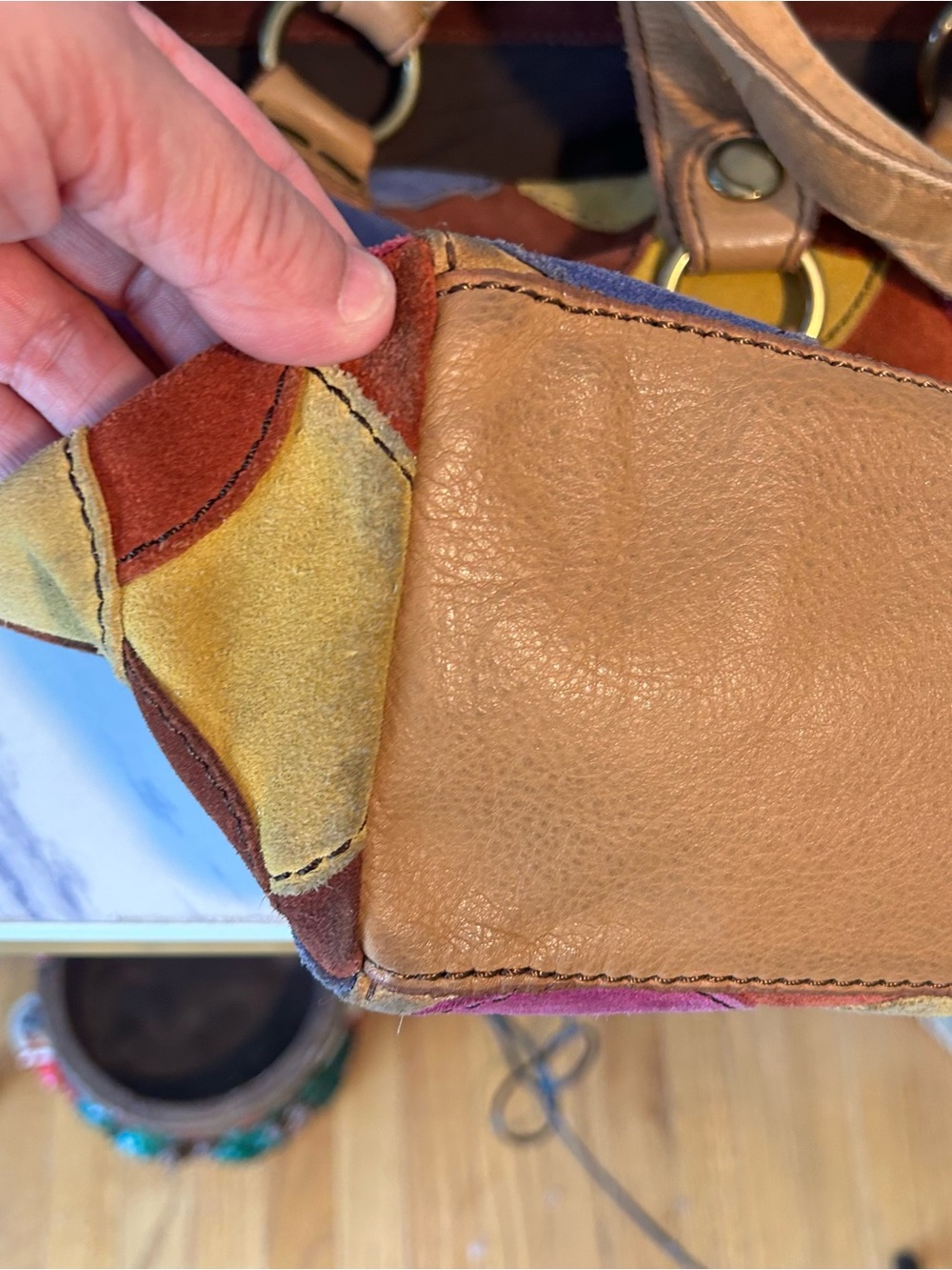 LUCKY BRAND MultiColor Scallop Patchwork Leather Shoulder Boho Tote - Picture 9 of 15